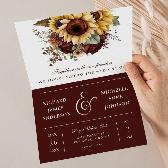 Invitation Burgundy Roses Sunflowers QR Code Wedding (Créateur téléchargé)