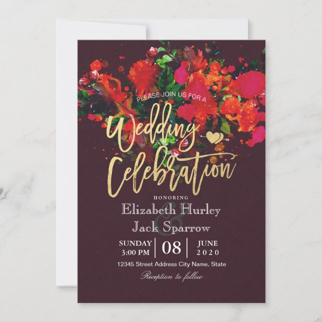 Invitation Burgundy Rouge Aquarelle Floral Mariage Script or (Devant)