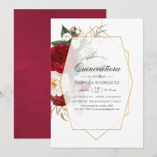Invitation Burgundy Rouge & Blanc Floral Géométrique Quinceañ