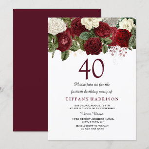 Invitation Burgundy Rouge Blanc Rose 40e anniversaire Invitat