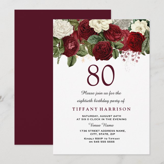 Invitation Burgundy Rouge Blanc Rose 80e anniversaire Invitat (Devant / Derrière)