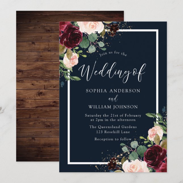 Invitation Burgundy Rouge & Blush Floral Mariage (Devant / Derrière)