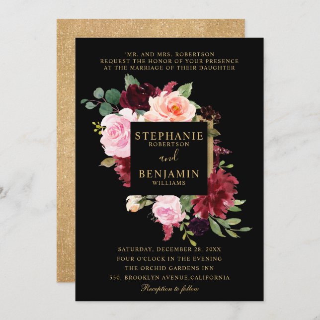 Invitation Burgundy Rouge Blush Floral Russe Boho Mariage (Devant / Derrière)