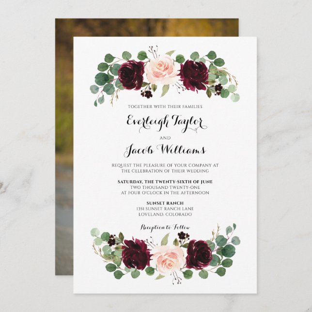 Invitation Burgundy Rouge Blush rose photo Mariage Floral (Devant / Derrière)