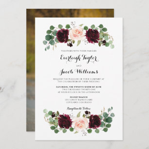 Invitation Burgundy Rouge Blush rose photo Mariage Floral