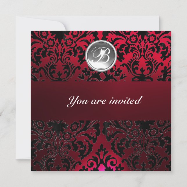 Invitation BURGUNDY ROUGE DAMASK GEM PIERRE MONOGRAMME blanch (Devant)