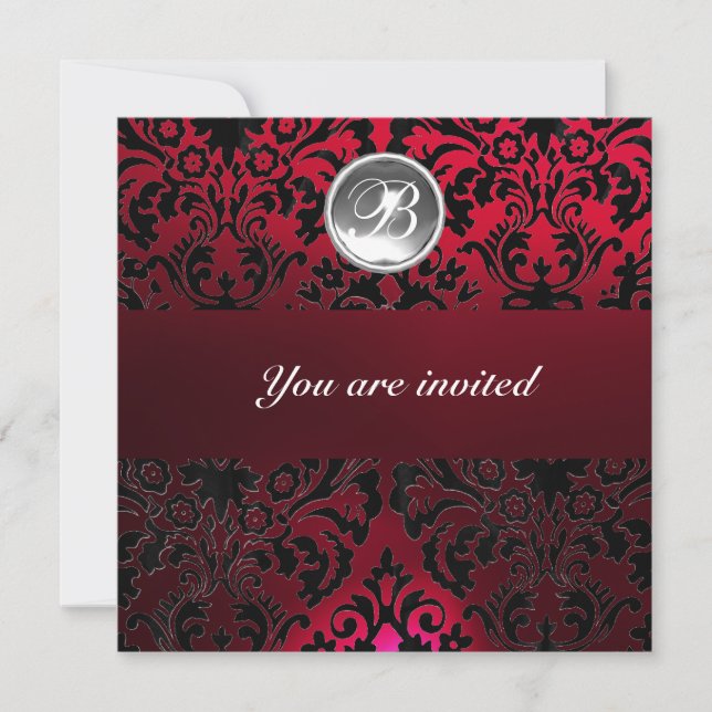 Invitation BURGUNDY ROUGE DAMASK GEMME PIERRE MONOGRAMME glac (Devant)