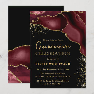 Invitation Burgundy Rouge et Or Paillettes Agate Quinceanera