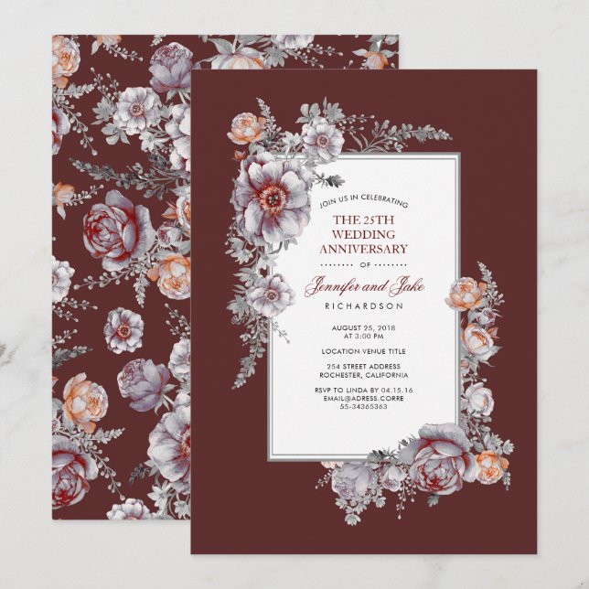 Invitation Burgundy Rouge Fleurs Vintage Mariage Anniversaire (Devant / Derrière)