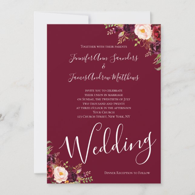 Invitation Burgundy Rouge Floral Aquarelle Mariage rustique (Devant)