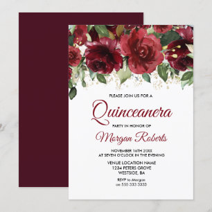Invitation Burgundy Rouge Floral Or Parties scintillant Quinc
