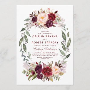 Invitation Burgundy Rouge Floral Wreath Élégant Mariage rusti