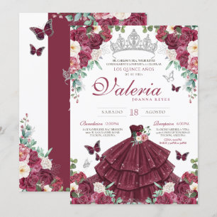 Invitation Burgundy Rouge & Papillon argenté Floral Quinceañe