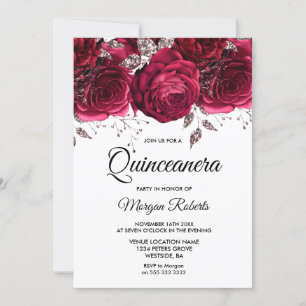 Invitation Burgundy Rouge Rose Argent Floral Quinceanera Part