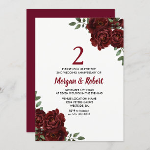 Invitation Burgundy Ruby Red Rose 2e anniversaire Mariage
