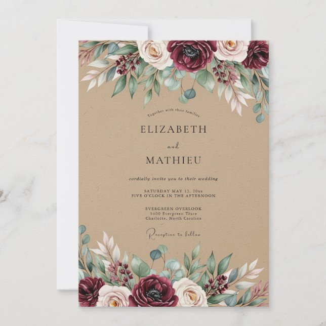 Invitation Burgundy Rustic Botanical Wedding (Devant)