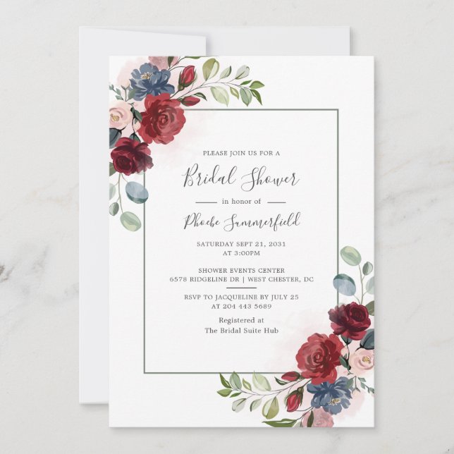 Invitation Burgundy Script Floral Eucalyptus Fête des mariées (Devant)