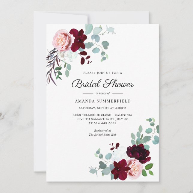 Invitation Burgundy Script Floral Fête de Mariage Eucalyptus (Devant)