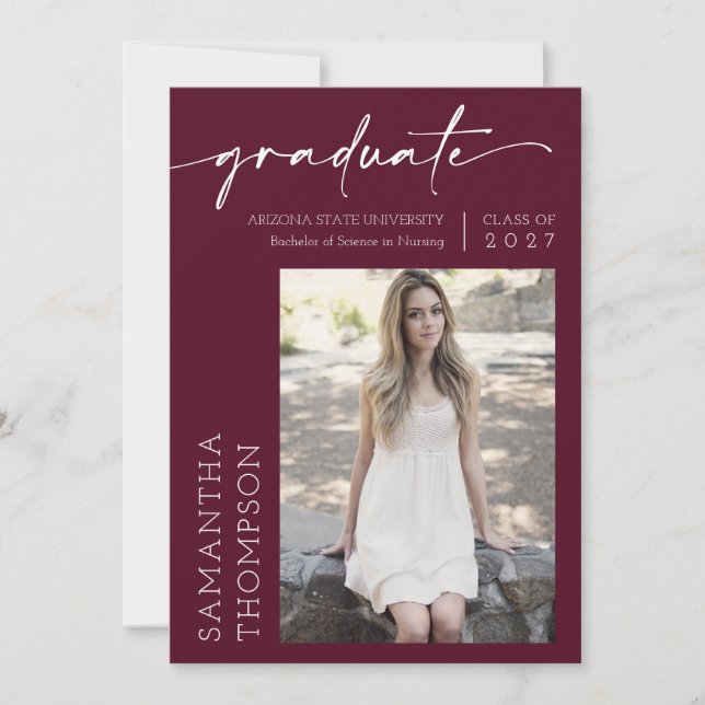 Invitation Burgundy Script minimal Deux Photo Graduation Part (Devant)