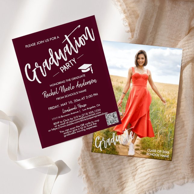 Invitation Burgundy Script QR Code Photo Graduation Party (Créateur téléchargé)