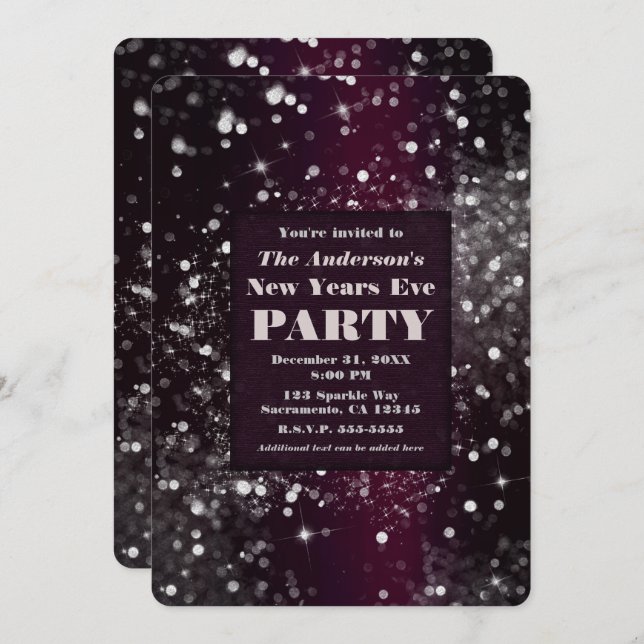 Invitation Burgundy Silver Glam Parties scintillant Nouvel An (Devant / Derrière)