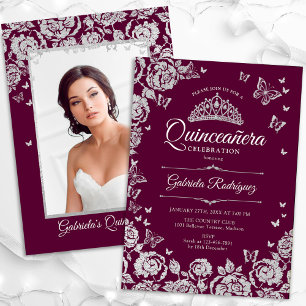 Invitation Burgundy Silver Roses Quinceanera Photo