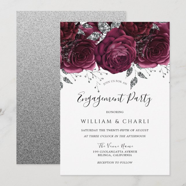 Invitation Burgundy & Silver Sparkel Floral Engagement (Devant / Derrière)
