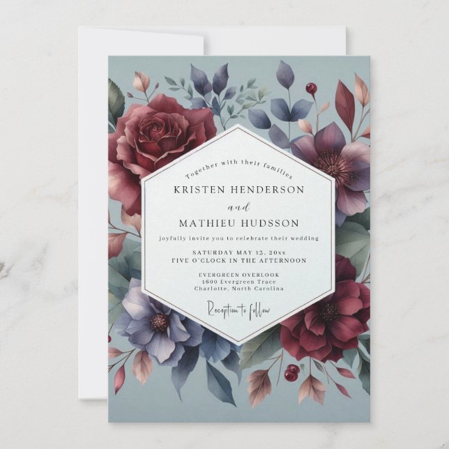 Invitation Burgundy & Slate Moody Bloom Wedding (Devant)