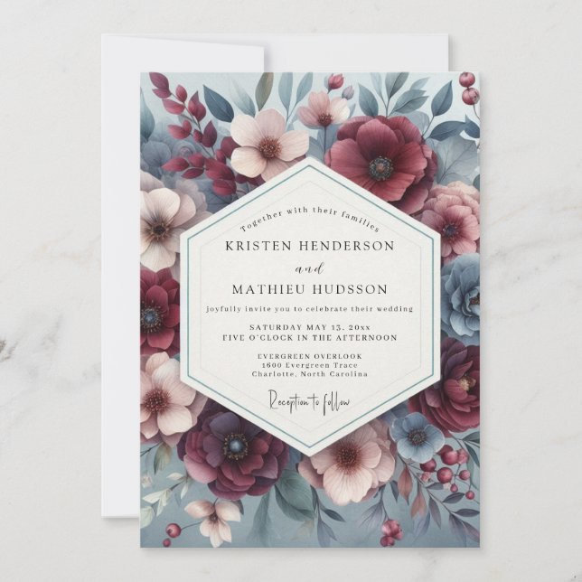 Invitation Burgundy & Slate Poetic Bloom Wedding (Devant)