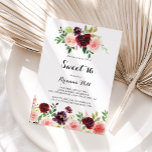 Invitation Burgundy Spring Floral Sweet 16 Anniversaire<br><div class="desc">Cette invitation à la fête de 16 ans à fleurs de printemps bordeaux est parfaite pour un simple anniversaire. Le design peint à la main est composé de feuilles verts, de rose éblouissant, de rousse, de violet, de rouge, de blanc et de roses bourguignons éblouissants, de pivoines soigneusement disposées dans...</div>