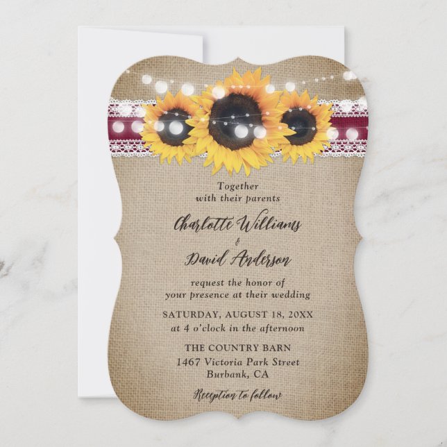 Invitation Burgundy Sunflower Vintage Burlap Lace Wedding (Devant)