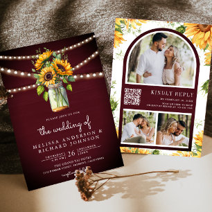 Invitation Burgundy Sunflowers Mason Jar QR Code Mariage