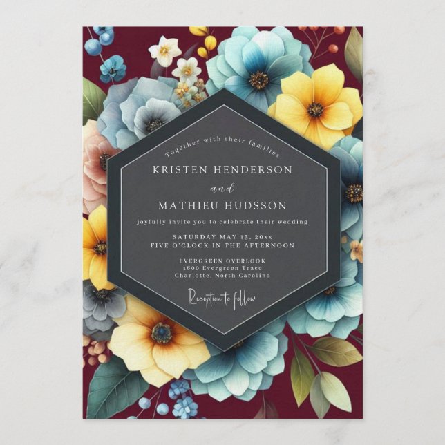 Invitation Burgundy & Teal Vibrant Bloom Wedding (Devant)