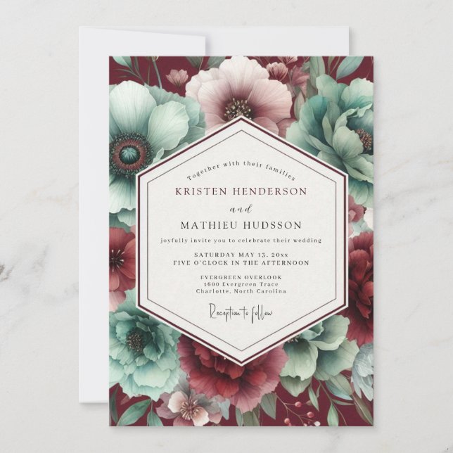 Invitation Burgundy & Teal Vintage Bloom Wedding (Devant)