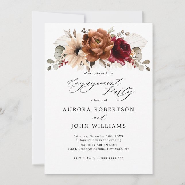 Invitation Burgundy Terracotta Floral Engagement Party (Devant)