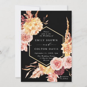 Invitation Burgundy Terracotta Gold Floral Mariage Noir