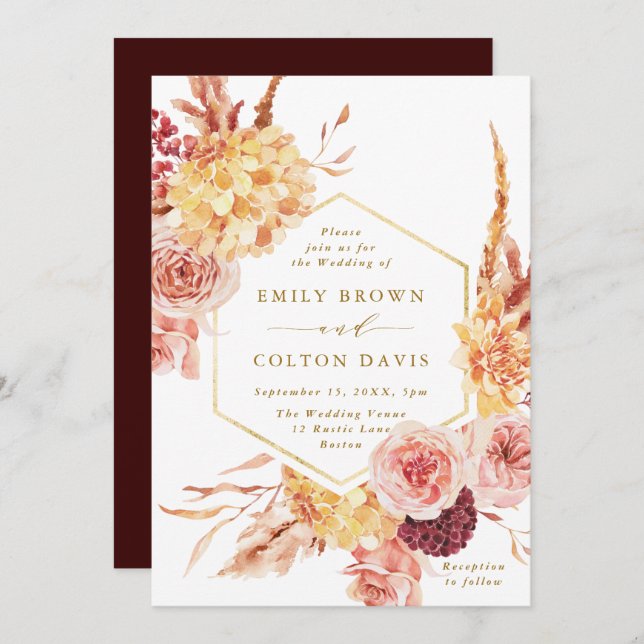 Invitation Burgundy Terracotta Gold Script Mariage Floral (Devant / Derrière)