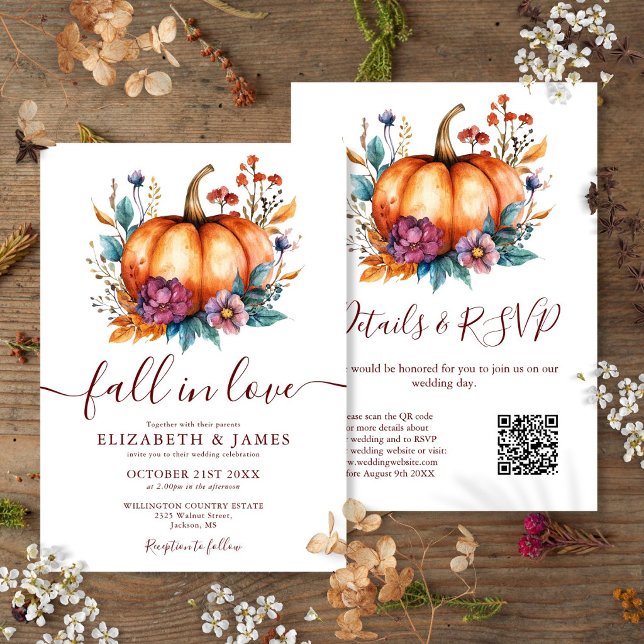 Invitation Burgundy Tombez Amoureux Citrouille Code QR Mariag (Burgundy Fall In Love Pumpkin QR Code Wedding Invitation)