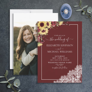 Invitation Burgundy Tournesol rustique Script photo Mariage