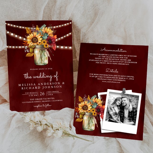 Invitation Burgundy Tournesols Pot en Grès Tout en Un Mariage (Créateur téléchargé)