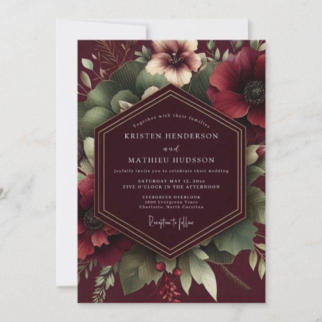 Invitation Burgundy Vintner Floral Wedding (Devant)