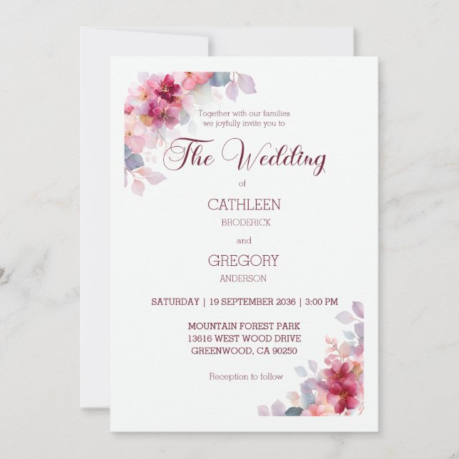 Invitation Burgundy Watercolor Floral Calligraphy Wedding (Devant)