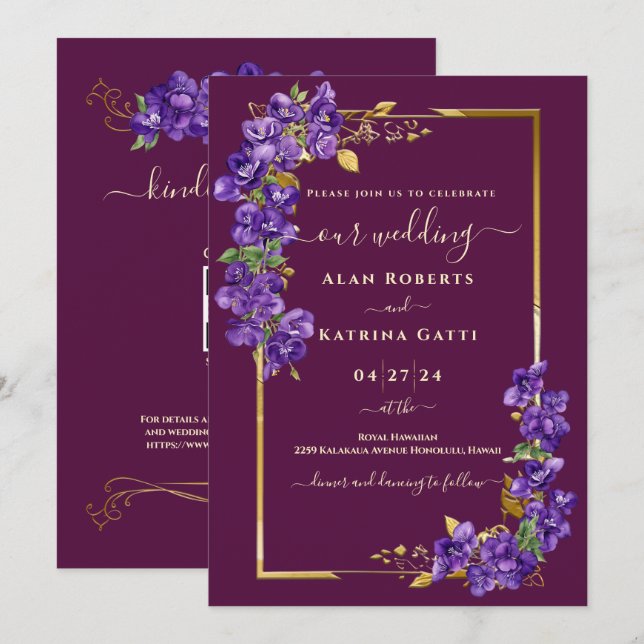 Invitation Burgundy Wedding RSVP QR Code Violets Gold Frame (Devant / Derrière)