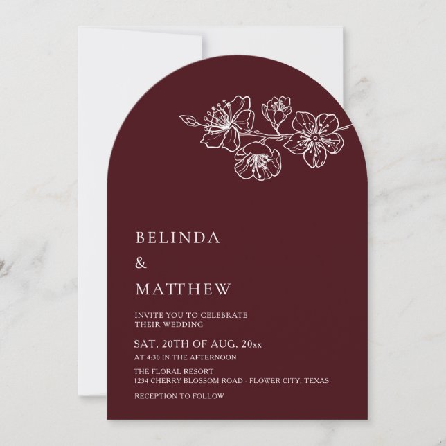 Invitation Burgundy White Line Art Minimalist Wedding (Devant)