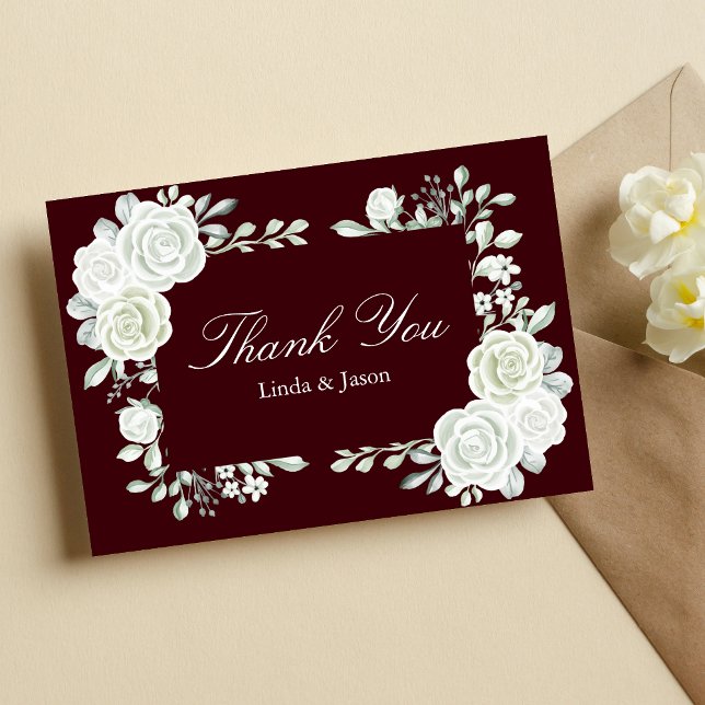 Invitation Burgundy White Roses Wedding Thank You Cards (Créateur téléchargé)