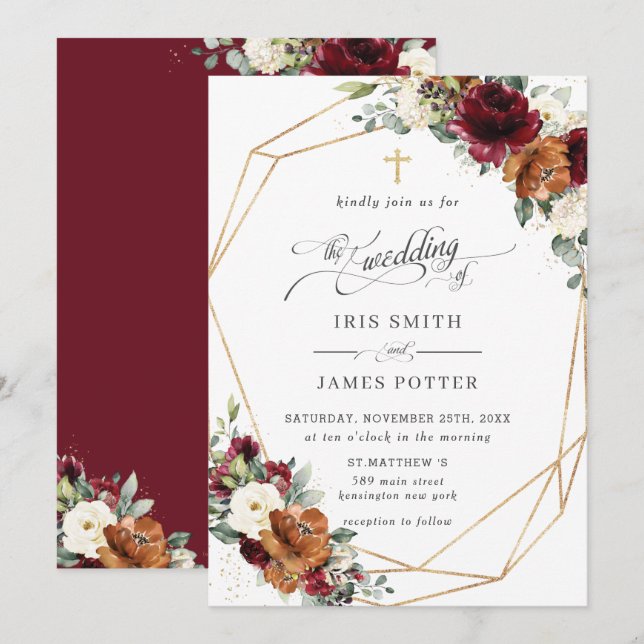 Invitation Burgundy White Rust Orange Floral Church Wedding   (Devant / Derrière)