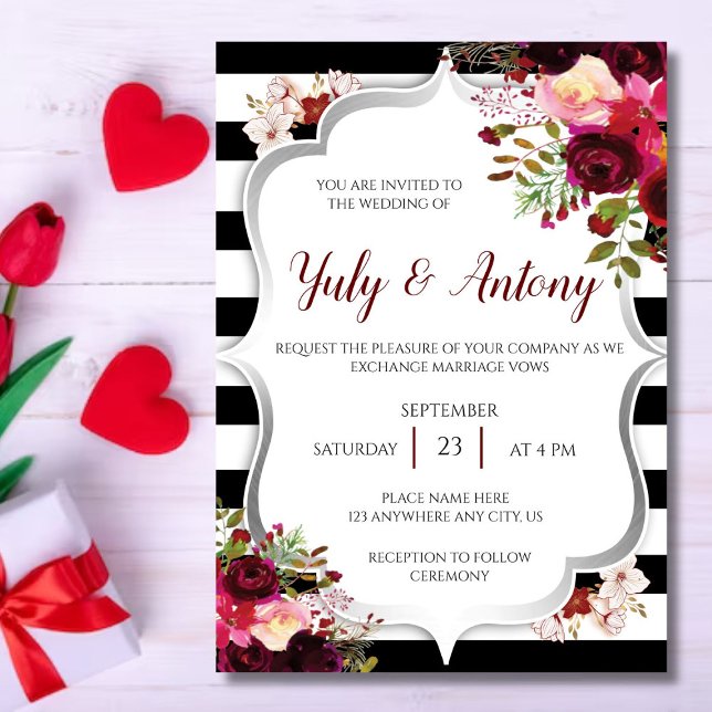 Invitation Burguny Template Invitación boda rojo borgoña  (Invitacion flores rojo borgoña con lineas negras y bordes grises, perfecta para una hermosa boda)
