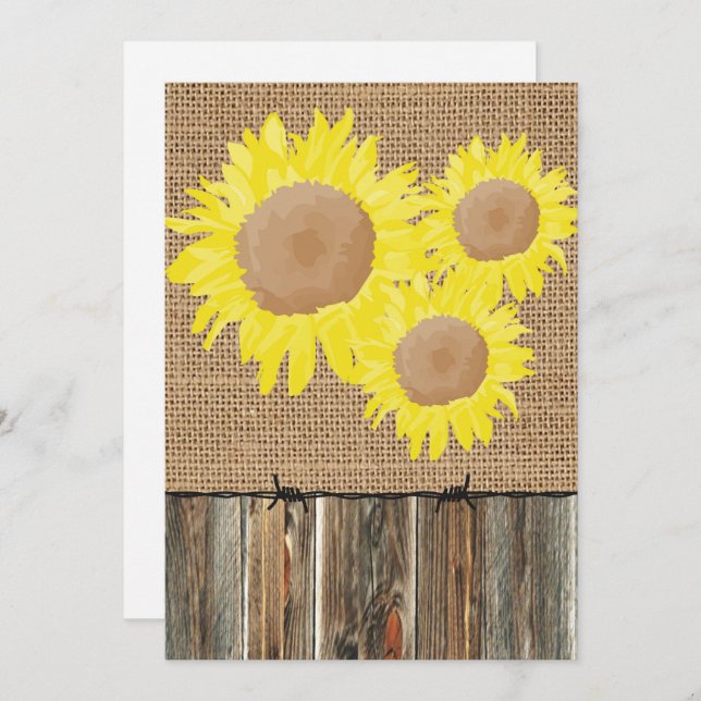 Invitation Burlap Barnwood Barbed Wire et Sunflowers Invitati (Devant / Derrière)