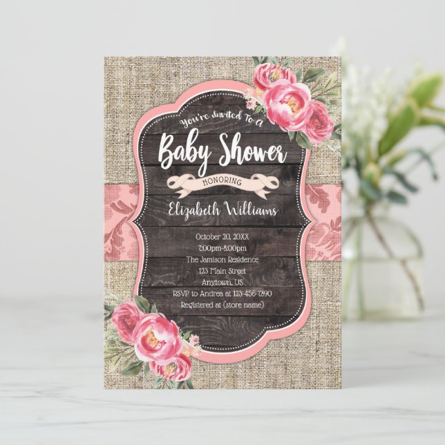 Invitation Burlap Bois Fleurs roses Baby shower fille (Debout devant)