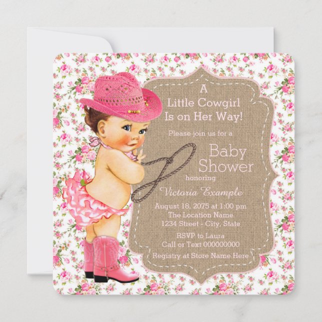 Invitation Burlap Cowgirl Baby shower Floral Calico (Devant)